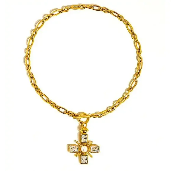 Crystal Pearl Cross Pendant Necklace Stainless Steel Gold Plated - Picture 5 of 9